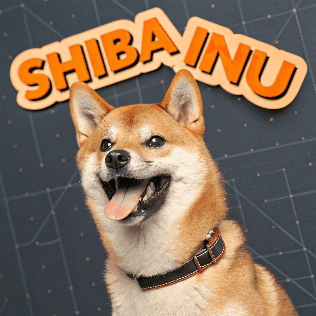 Freundliches DOGETAP Shiba Inu Maskottchen mit goldenem Fell